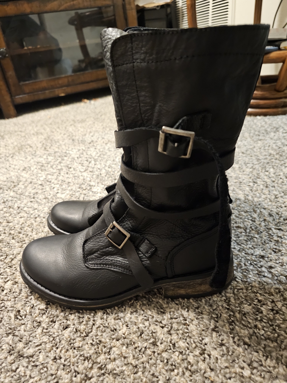 Steve Madden Black Leather Buckle Combat Boots